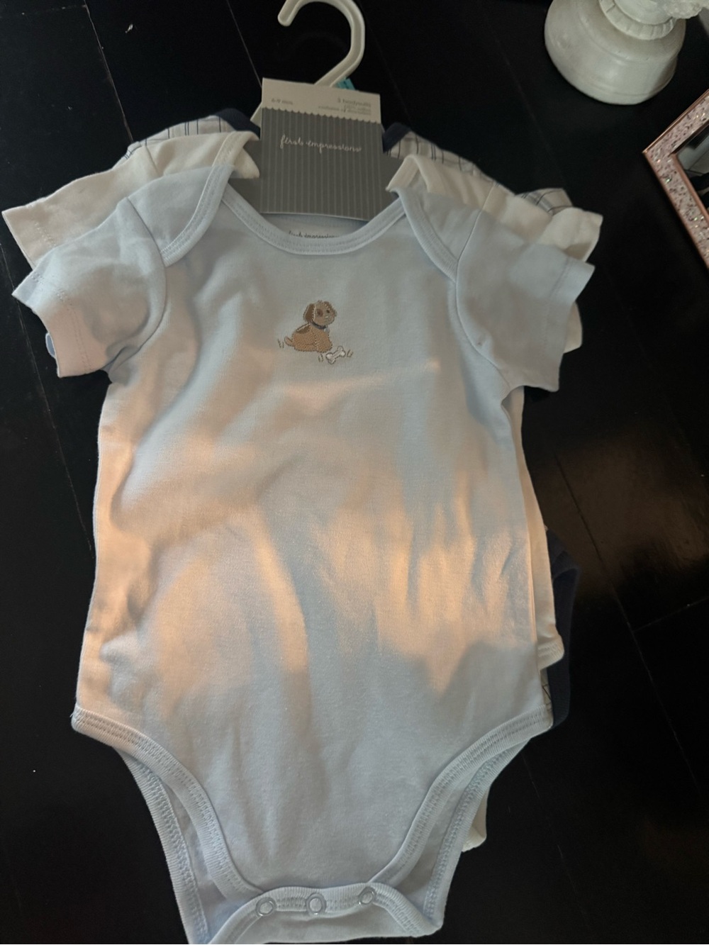 First impressions Light Blue Baby One-Piece Bodysuit with Puppy Embroidery